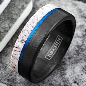 Men's Wedding Band Rings - Black Blue Deer Antler Design - Wedding Rings